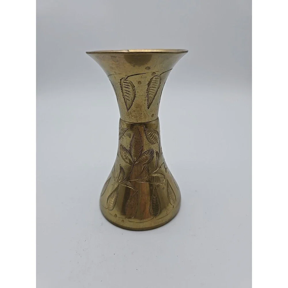 Vintage Sarna Brass Vase India 4.75" Flower Leaves Hand Etched 415T BOHO - Picture 9 of 9